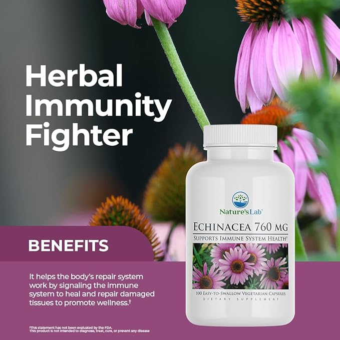 Nature's Lab Echinacea 760mg Dietary Supplement - Powerful All Natural Immune System Support - Non-GMO, Gluten Free - 100 Capsules (50 Day Supply)