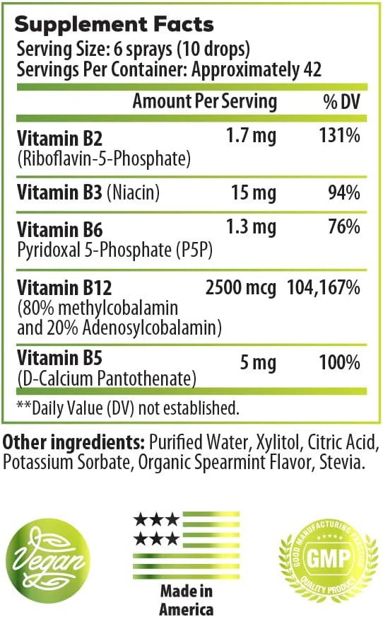 Ideal Infusion B-Bomb Vitamin B12 + B Complex Liquid Spray: Methylcobalamin with Adenosylcobalamin: Energy & Mood Support, Sugar-Free, Vegan, Organic Spearmint Flavor