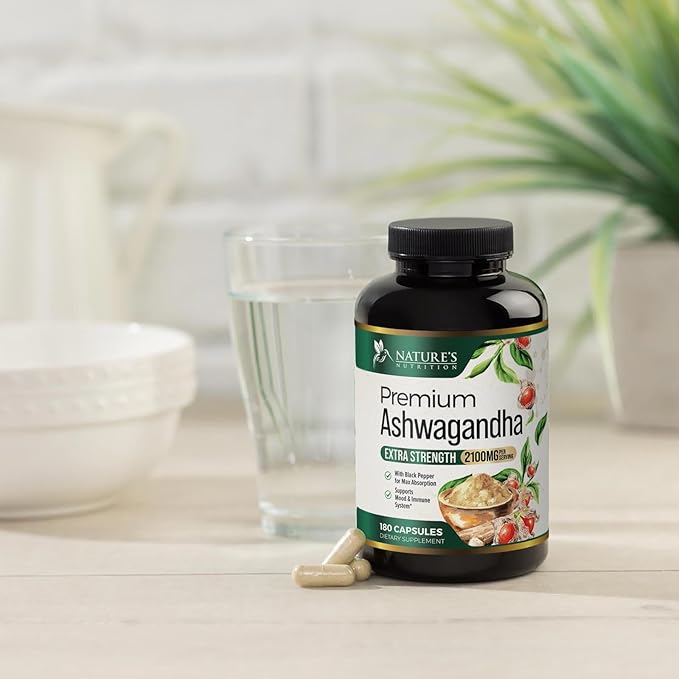 Herbal Ashwagandha 2,100 mg - Extra Strength Unwind, Calm & Relax Support with Black Pepper - Natural Focus & Energy Support - Ashwagandha Powder Supplements - Vegan, Gluten Free - 180 Capsules