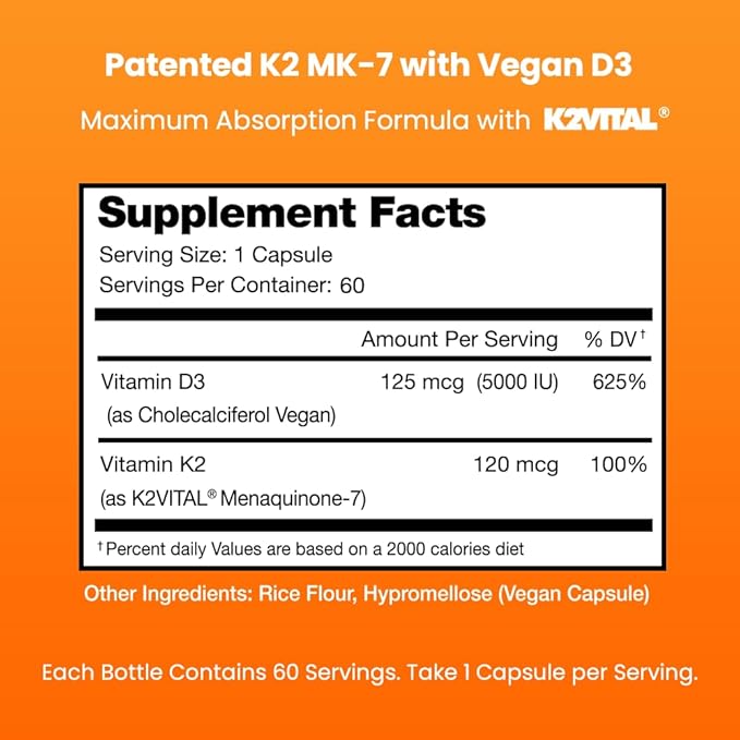 NutraChamps D3 with K2 MK7 Supplement for Heart & Bone Health | Vitamin D & K Complex | 5000 IU of Vitamin D 3 & 100 mcg of Vitamin K 2 MK-7 | 60 Vitamin K2 D3 Capsules