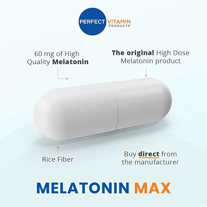 60mg Extra Strength Melatonin MAX - High Dosage Melatonin Ensures Amply Supply Of This Important Hormone - 100% Drug-Free, Vegan, Non-GMO, Gluten-Free (60 Capsules)