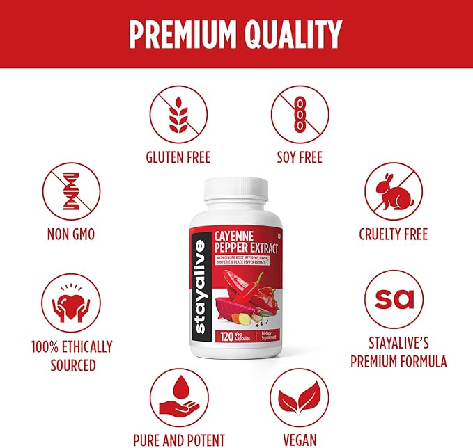 StayAlive Cayenne Pepper Capsules 960mg Super Extract with Ginger, Garlic, Turmeric, Beet Root, Black Pepper, 120 Cayenne Capsules, Support Cardiovascular & Immune System, Capsaicin Supplement Pills