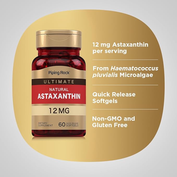 Piping Rock Astaxanthin 12mg | 60 Quick Release Softgels | Extract Supplement | Gluten Free, Non-GMO