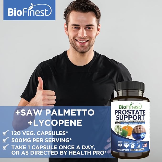 Prostate Support for Men - Saw Palmetto Lycopene Pumpkin Seed Pygeum Zinc Selenium - Healthy Urine Flow Bladder Prostate Vitamin Supplement - Made in USA (120 Veg. Capsule)