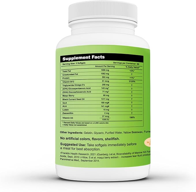 Formulated for Dry Eyes Mini-softgels of Ultra pure Omega-3, Black Currant Oil, Maqui Berry, Lutein, Zeaxanthin, Vitamins B12 and D3 (2 Month (180 mini softgels)