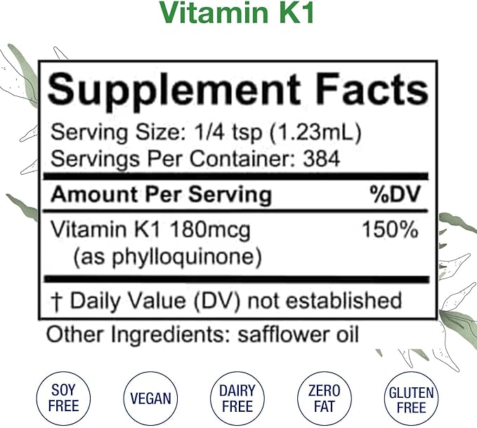 Vitamin K1 Liquid – Alcohol-Free Oral Vitamin K1 Drops - Liquid Vitamin K for Skin, Bones & Blood Health – Vegan, Non-GMO Vitamin Liquid Extract for Internal & External Use, 16 Fl Oz.