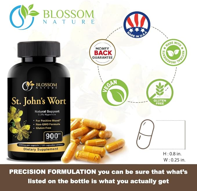 St Johns Wort 900mg-Mood Support Supplement*-Calm Supplements*-120 Vegetable St Johns Wort Capsules(2 Month Supply),450mg of Vegan, Non-GMO St. John's Wort (Hypericum Perforatum),0.3%Hypericin per Cap