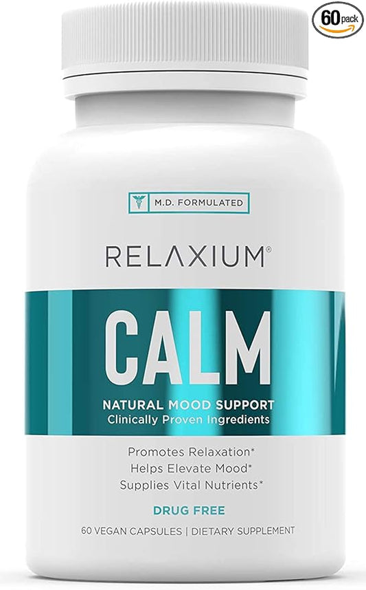 Relaxium Calm, Non-Habit Forming, Stress & Mood Support Supplement, Elevate Mood & Boost Relaxation with Ashwagandha, 5-HTP, GABA, Made in USA (60 Vegan Capsules, 30 Day Supply)