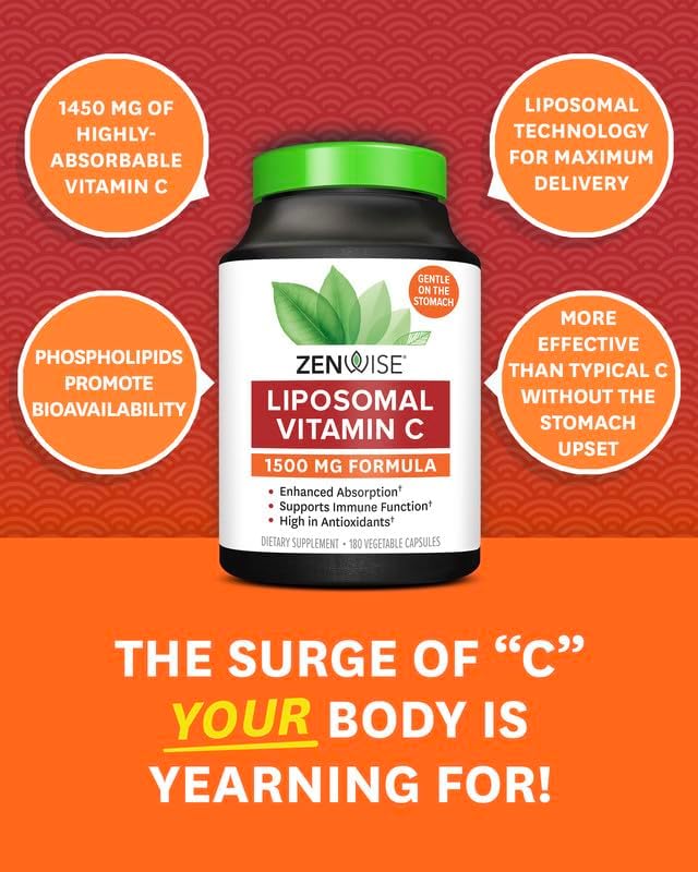 Zenwise Health Liposomal Vitamin C Supplement, 1500 MG Enhanced Absorption Organic Vitamin C Liposomal for Antioxidant, Immune, Natural Energy Boost, and Skin Care Support - 180 CT