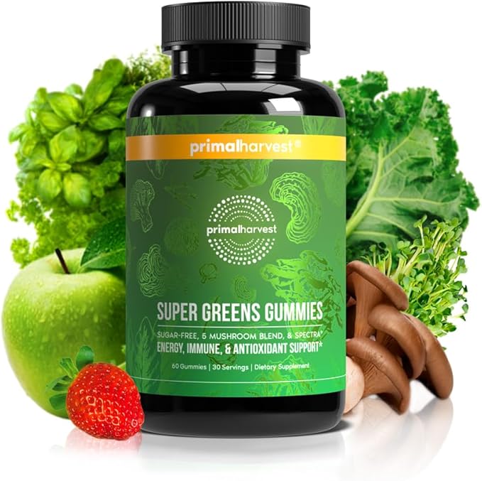 Primal Harvest Super Greens Gummies, Superfood Blend with Adaptogenic Mushrooms Vitamins & Nutrient-Rich Minerals & Antioxidants for Energy & Immune Support (1 Pack (60 Count), Berry)