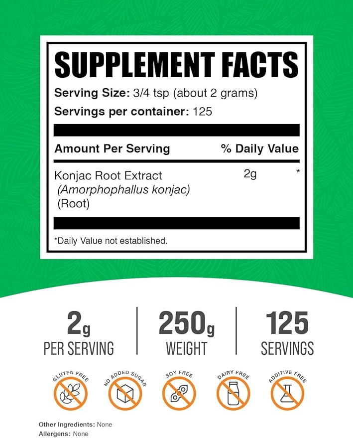 BulkSupplements.com Glucomannan Powder - from Konjac Root Extract Powder, Glucomannan Supplements - Gluten Free, 2g per Serving, 250g (8.8 oz) (Pack of 1)