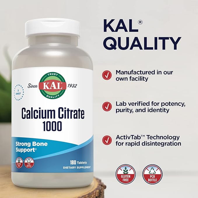 KAL Calcium Citrate 1000mg, Calcium Supplements for Women and Men, Bone Health, Teeth, Nervous, Muscular & Cardiovascular System Support, Gluten Free and Lab Verified, 60 Servings, 180 Tablets