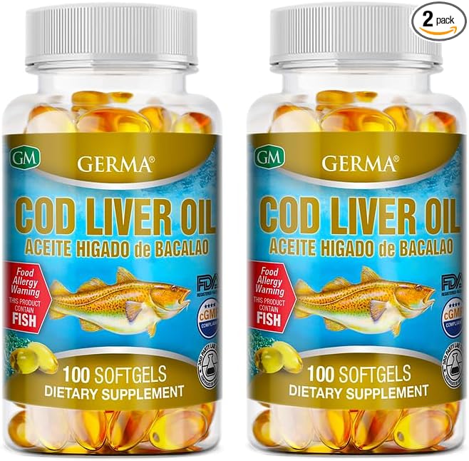 Aceite De Higado De Bacalao Capsules 2 x 100's (200 softgels Total) Pure Norwegian Cod Liver Oil GERMA 2-Pack