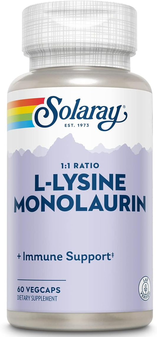 SOLARAY L-Lysine Monolaurin Immune Support Supplement, 1:1 Ratio for Immune System Function, 500 mg Each, 60-Day Money Back Guarantee, 30 Servings, 60 VegCaps