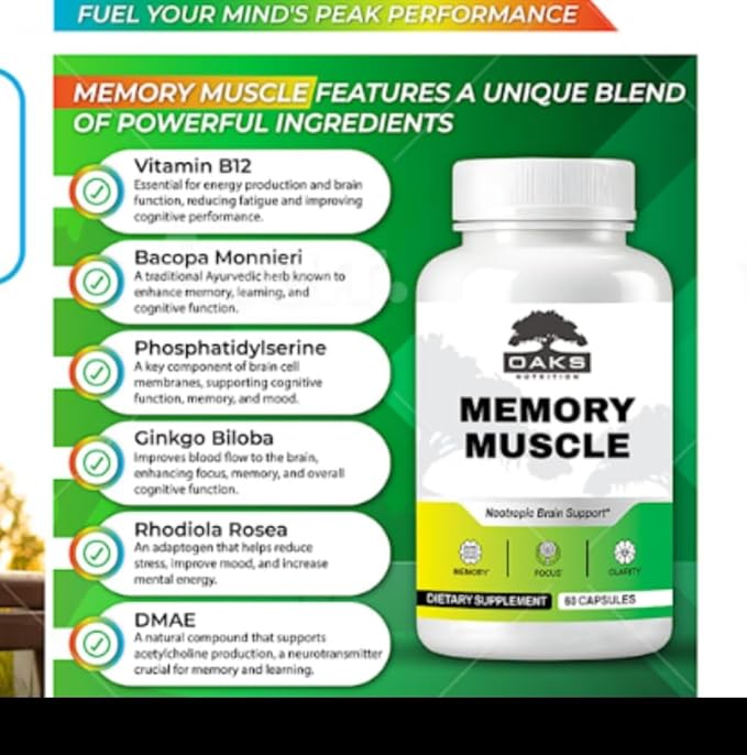 Memory Muscle - Nootropic Brain Support for Memory, Enhanced Focus & Mental Clarity - Featuring B12 for Energy