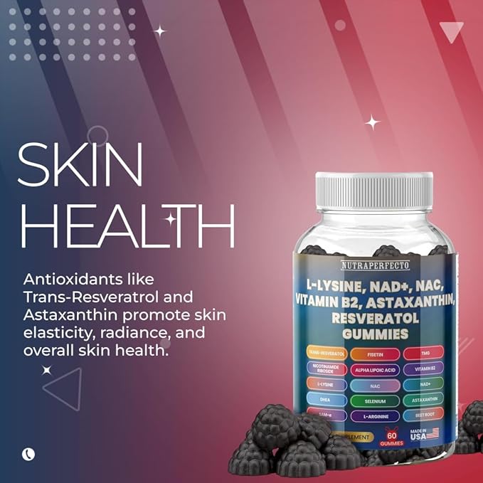 Sugar Free Gummies with Trans-Resveratrol, L-Lysine, L-Arginine, Fisetin, NR, NAD+, ALA, TMG, Beet Root, Astaxanthin, SAM-e, DHEA, Vitamin B2 For Men, Women, Detox, Energy, Metabolism, Aging, Joints
