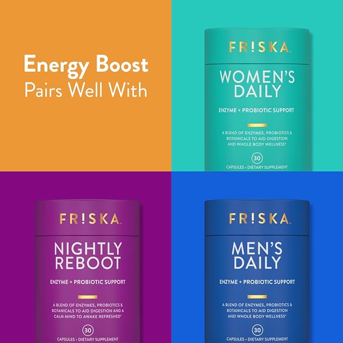 FRISKA Energy Boost Enzyme and Probiotics Supplement, Promotes Better Digestion and Energy for Men and Women, Gut Health, 30 Capsules