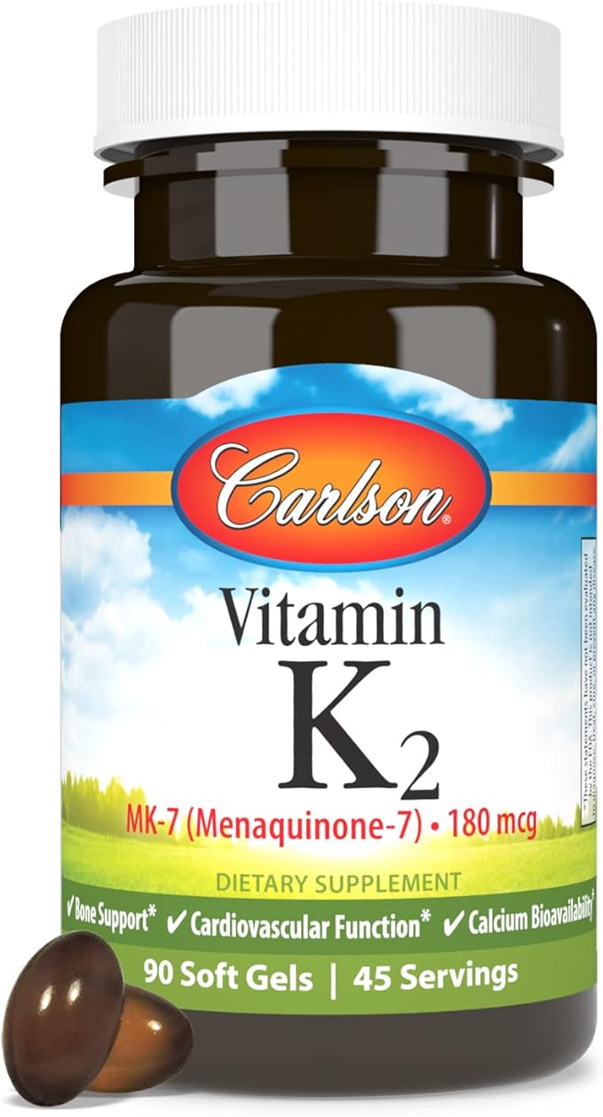 Carlson - Vitamin K2 MK-7 (Menaquinone), 180 mcg, Bone Support, Calcium Bioavailability, K2 Vitamin, Vitamin K-2, 90 Softgels