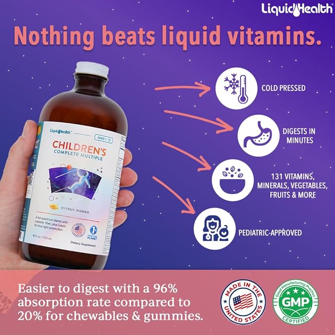 LIQUIDHEALTH Children's Complete Liquid Multivitamin for Kids, Toddlers - Essential Vitamins, Nutrients & Minerals, Immune Support, Gut Health - Made in The USA, Vegan, Non GMO, Sugar-Free (16 oz)