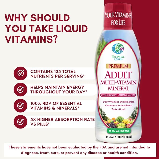 Tropical Oasis Adult Liquid Multivitamin -Liquid Multi-Vitamin and Mineral Supplement with 125 Total Nutrients Including; 85 Vitamins & Minerals, 23 Amino Acids, and 18 Herbs - 16 fl oz, 32 serv