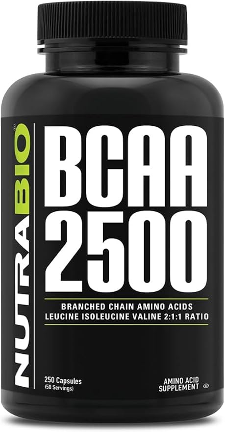 NutraBio – BCAA 2500 – Branched Chain Amino Acids – Support New Muscle Growth and Prevent Muscle Breakdown – 250 Capsules