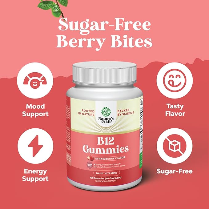 Vitamin B12 Gummies for Adults - Sugar Free Vitamin B12 1000 mcg Chewable Gums for Energy & Mood Support, Immune & Nerves Health - Kosher Non-GMO & Gluten Free Supplement for Women & Men - 120 Count