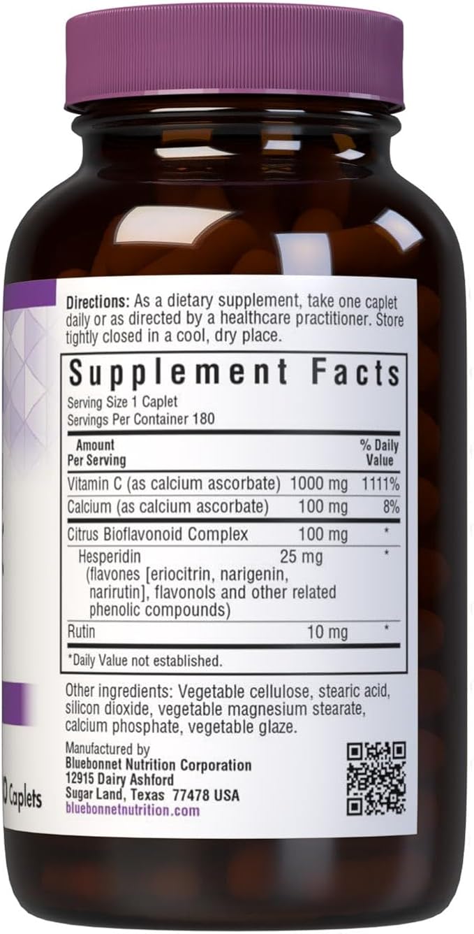 BlueBonnet Nutrition Buffered Vitamin C1000 mg Caplets Buffered Calcium Ascorbate, for Immune Health Soy Free Gluten Free NonGMO Kosher Dairy Free Vegan Caplets, White, Citrus, 180 Count