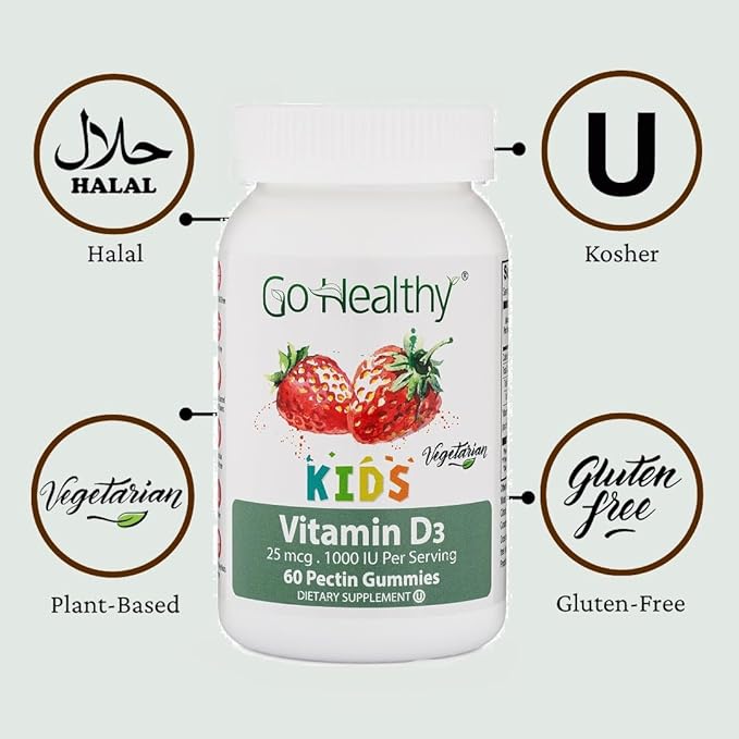 Go Healthy Kids Vitamin D Gummies – Toddler & Children's Chewable Supplement, Growth & Immune Support – Kosher, Halal, Non-GMO, Gluten-Free, Delicious Fruit Flavor - 60 Servings