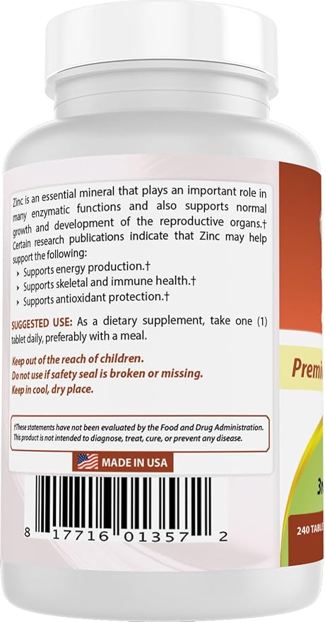 Best Naturals Zinc Supplement as Zinc Gluconate 50mg 240 Tablets Pack of 3