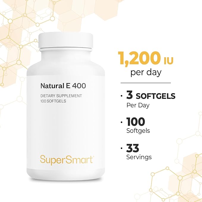 Supersmart - Natural E 400 (D-Alpha Tocopherol) 1200IU per Day - High Absorption Vitamin E Supplement | Non-GMO & Gluten Free - 100 Softgels