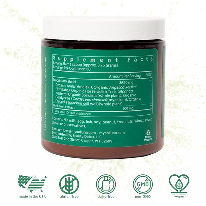 Solluna by Kimberly Snyder Glowing Greens Powder — Spirulina, Cordyceps, Chlorella, Moringa, Ashitaba, Amalaki, Monk Fruit — Superfood Supplement for Energy & Mood (30 Servings) Vegan & Non-GMO