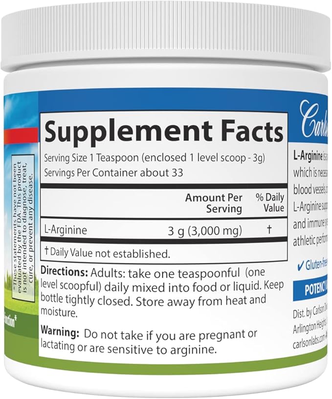 Carlson - L-Arginine Powder, Free-Form Amino Acid, Circulatory Health, 3.53 oz (100 g)
