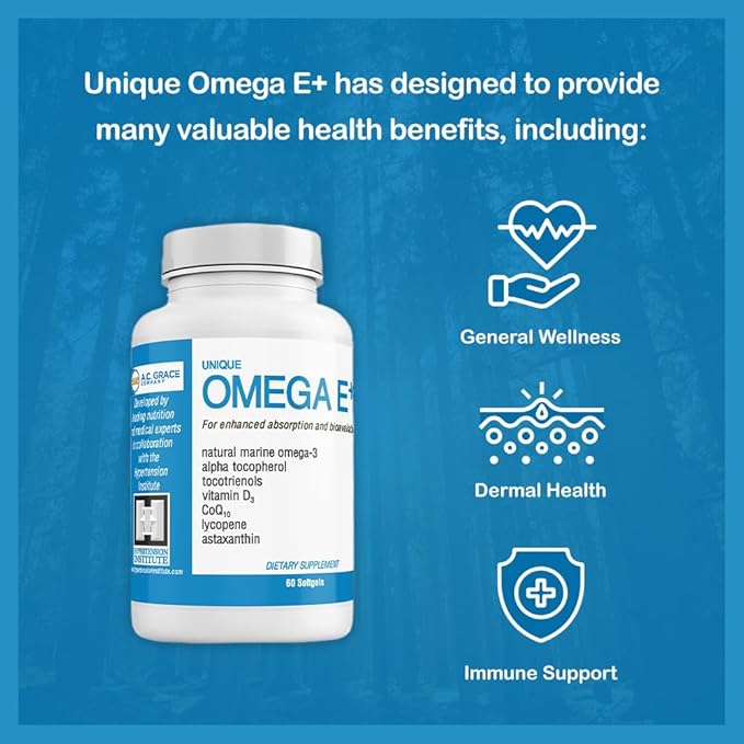 UNIQUE E A.C. Grace Company Mixed Tocopherols Concentrate 30 Softgels and Omega E+ Fish Oil Supplement 60 Softgels