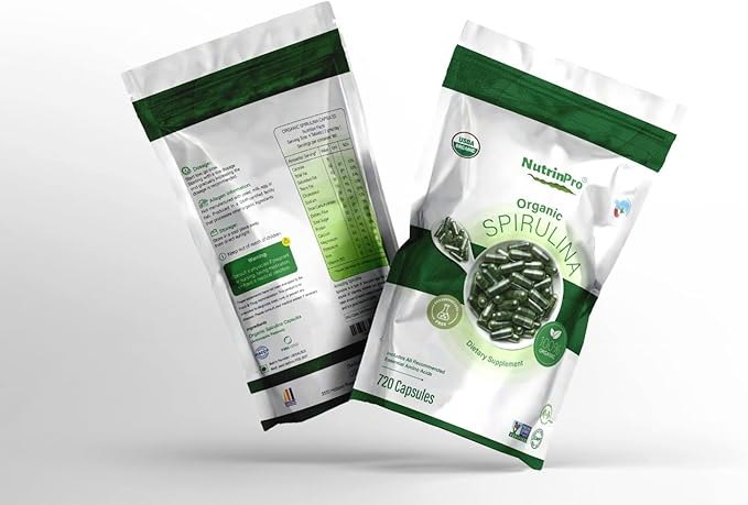 USDA Organic Spirulina Capsules - 100% Pure Vegan Supplement, Non-GMO, Gluten-Free, Chemical-Free, (720)
