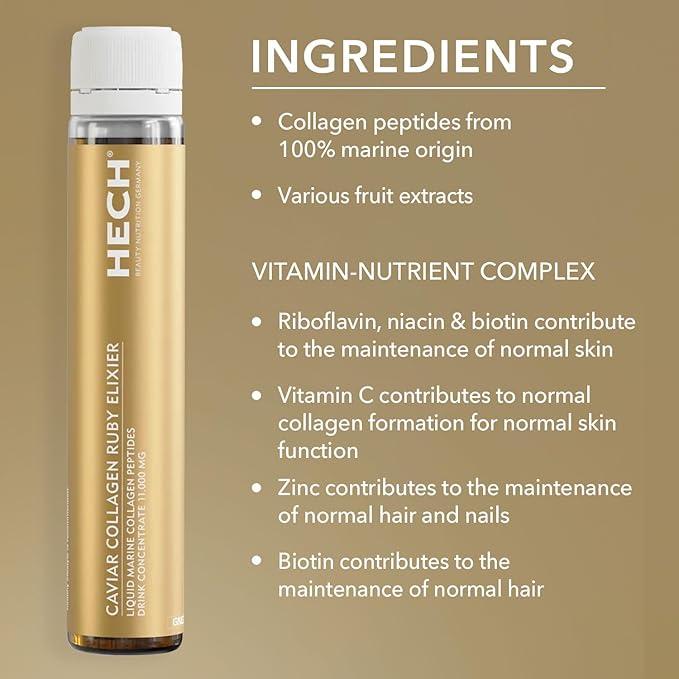 HECH Caviar Collagen Ruby Elixier - Beauty Supplement with 11,000 mg Marine and Caviar Collagen Peptides, Polyphenols and Complex of 9 bioactive Vita-Mineral Nutrients