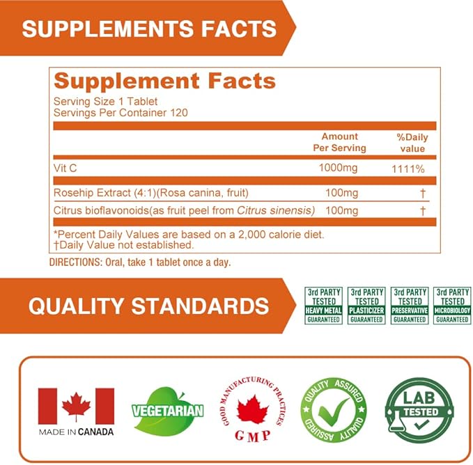 Lovita Vitamin C 1000mg with Bioflavonoids & Rose HIPS, Timed Release Coating, High Potency, Support Healthy Immune Function, 120 Vegetarian Tablets for 4 Month Supply