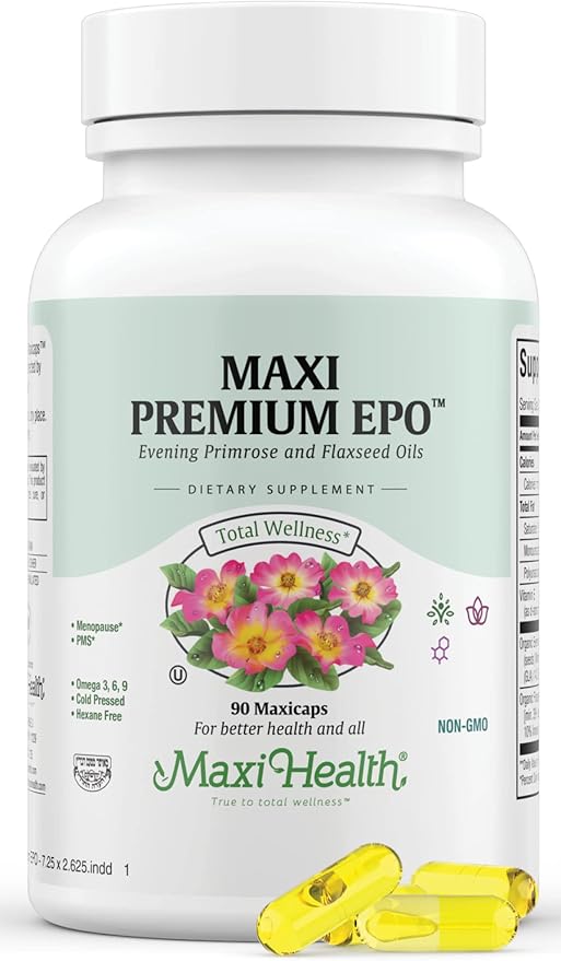 Maxi Health Women's Organic Evening Primrose Oil Capsules 1500mg - EPO Gamma Linolenic Acid Supplement - PMS & Hot Flashes Menopause Relief - GLA Hormonal Acne Supplements (90 Count)
