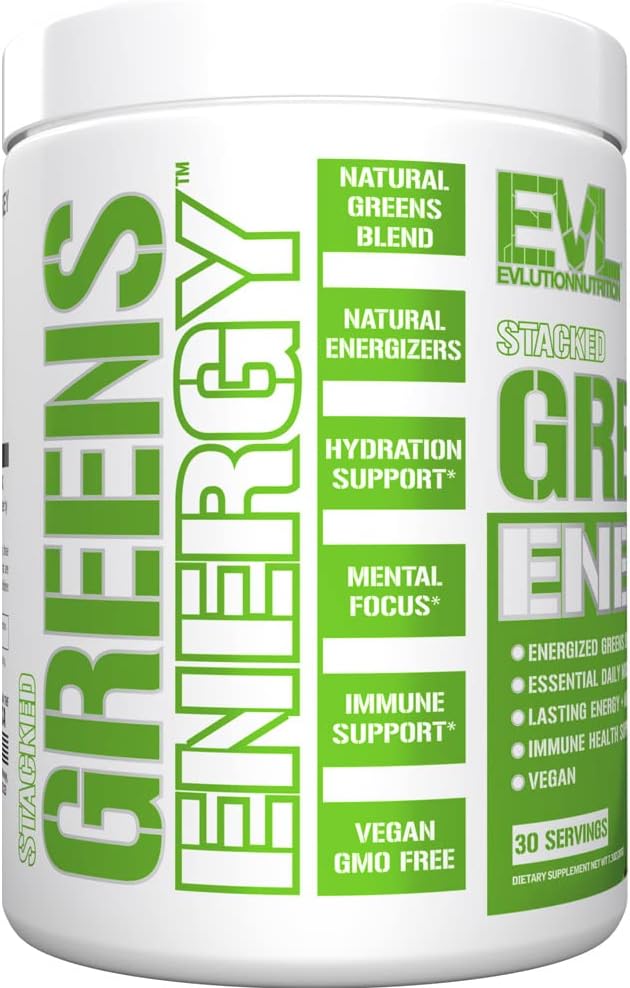 Evlution Greens and Superfoods Energy Drink Powder - EVL Super Greens Powder Smoothie Mix with Caffeine Spirulina Chlorella and Wheat Grass - Vegan - for Energy Focus and Immunity