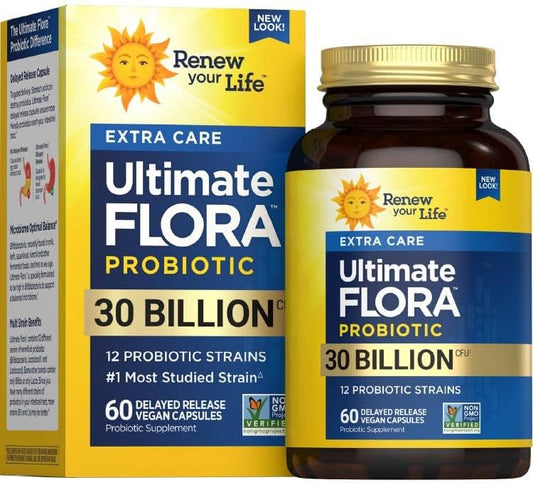 Ultimate Flora Probiotics 30 Billion CFU Delayed Release Vegan Capsules | Extra Care | Digestive Health | Immune Health | Dairy Free | 60 Count