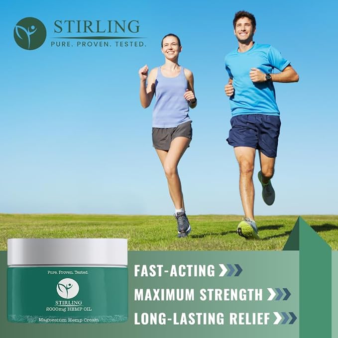 STIRLING Magnesium Cream - 2000mg Hemp Oil + Magnesium & Arnica - Promotes Relief for Joint and Muscle Discomfort, Back Support, and More - Made in USA with Premium Ingredients