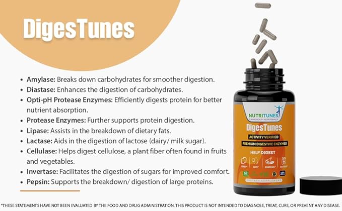 DigesTunes – Premium Digestive Enzymes to easily digest Carbs, Fats, Proteins & Lactose - Supports after-meal Bloating & Discomfort Relief – Food Grade Multi Enzyme Vegan Supplement, 60-Day Supply