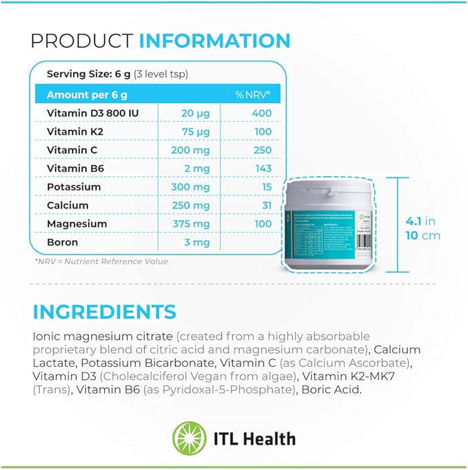 ITL Health BF Plus Calcium, 210g 35-Servings - Ionic Magnesium Citrate Powder, Natural Citrus Flavor - Vitamin K2 D3 with Zinc, B6, C, Calcium & Potassium - Bone Support Formula for Men & Women