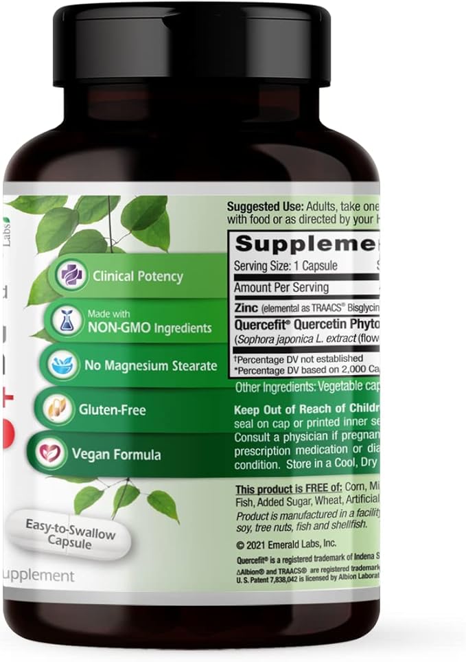 EMERALD LABS Quercetin Phytosome Plus - Vegan Antioxidant & Immune Support Supplement - Contains Quercetin & Zinc - 60 Vegetable Capsules (60-Day Supply)