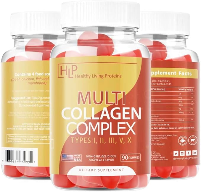 Healthy Living Proteins | Multi Hydrolyzed Collagen Complex Peptides Type I,II, III,V & X | Pure Organic Proteins, Grass Fed| Keto, Amino Acids | Collagen Gummies (90 Count)
