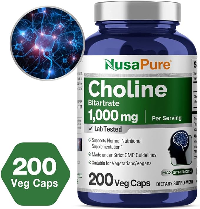 NusaPure Choline Bitartrate 1000 mg 200 Veggie Capsules (Vegetarian, Non-GMO)