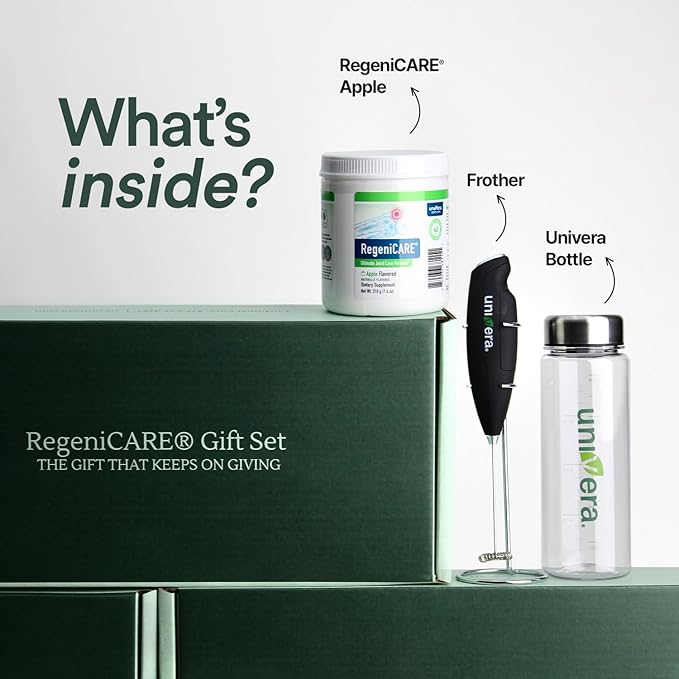 Univera RegeniCARE Gift Set with Bottle and Frother – Joint Support with Glucosamine, Univestin, MSM, Chondroitin – 30 Servings, Green Apple