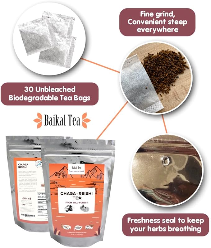 Chaga Reishi Tea Wild Chaga Tea with Reishi - 30 Unbleached Tea Bags - Ganoderma Lingzhi Mushroom Supplement Tea with Wild Chaga