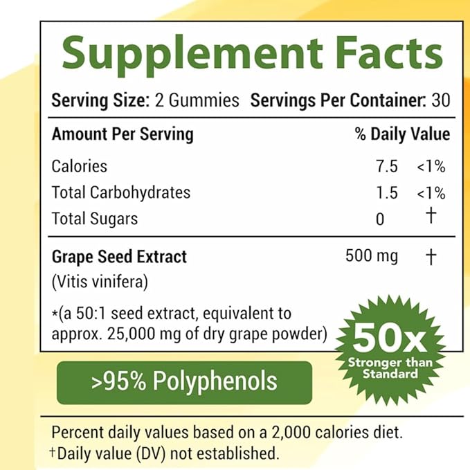 Grape Seed Extract Gummies | Grape Seed Oil 25,000 mg 50x Original | >95% Polyphenols | #1 Grape Seed Gummies in USA | Sugar Free Vegan | Grape Flavor 60 ct