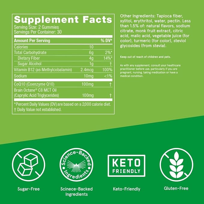Bulletproof Sugar-Free Tropical Energy Gummies, 60 Count, Supplement for Daily & Sustained Energy with 100mg CoQ10, Daily Value of B12, 100mg Brain Octane Oil