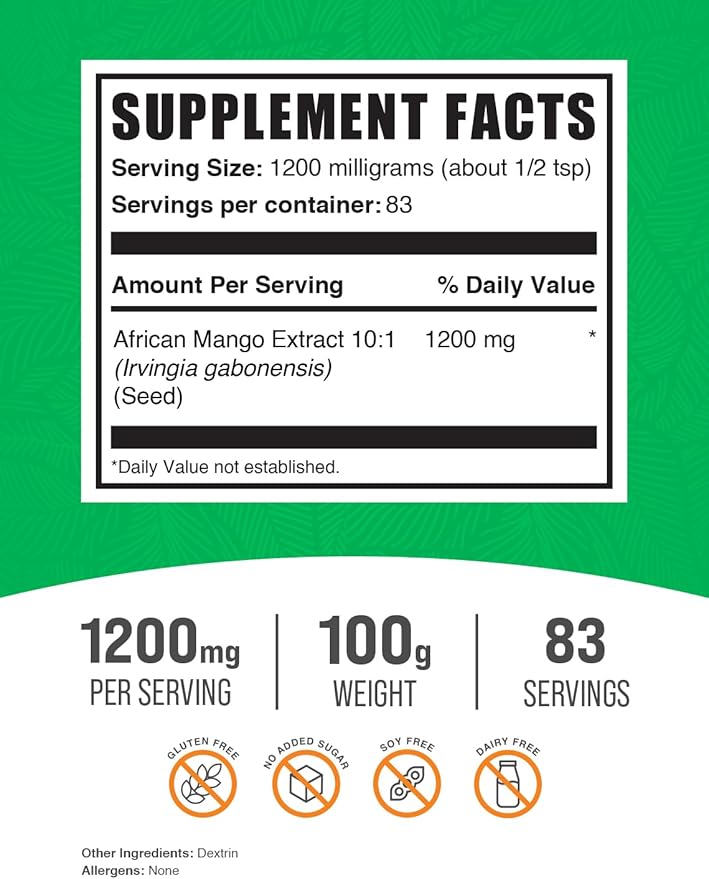 BulkSupplements.com African Mango Extract Powder - Irvingia Gabonensis, African Mango Powder - Gluten Free, 1.2g per Serving, 100g (3.5 oz) (Pack of 1)